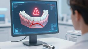 Пациент изучает 3D-модель челюсти, оценивая противопоказания и риски бюджетной имплантации в 2026 году